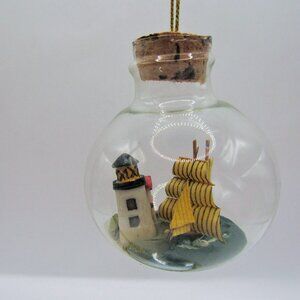Authentic Models Light House and Ship In Glass Ornament